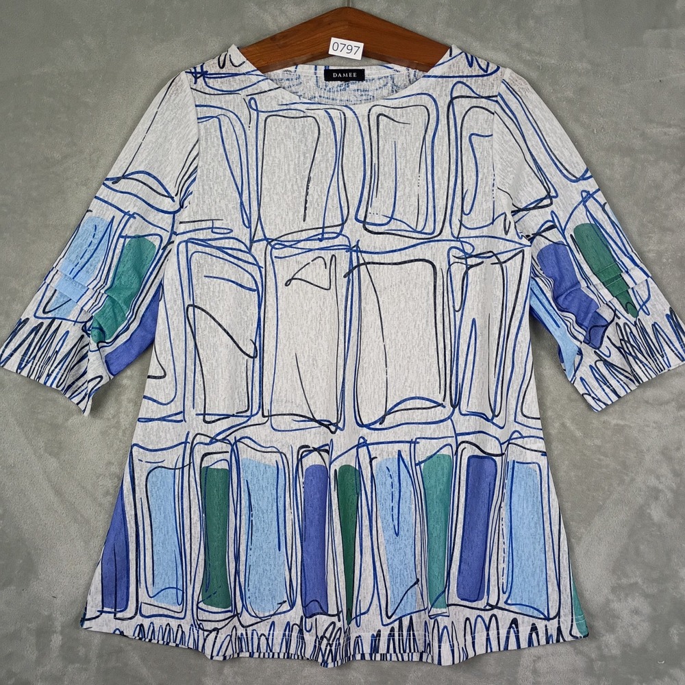 Damee Abstract Geometric Top Womens M Blue Green 3/4 Sleeve Artistic Boho Summer